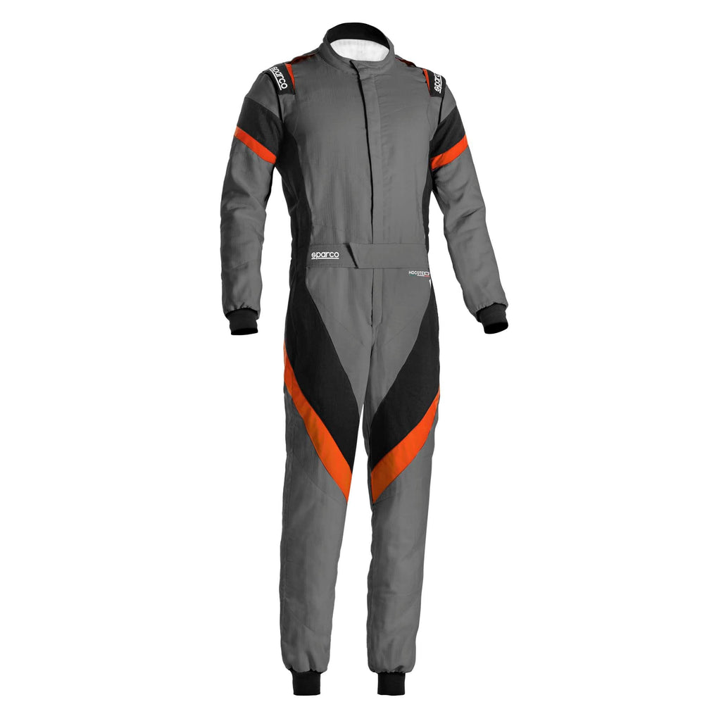 Men's racing suit in dark grey with black panels and orange side stripes