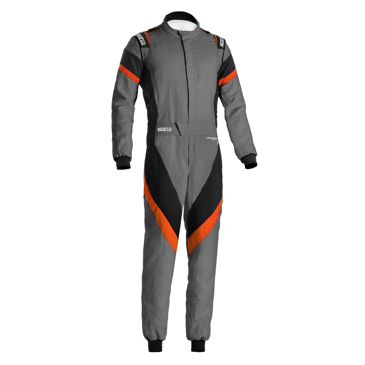 Men's racing suit in dark grey with black panels and orange side stripes