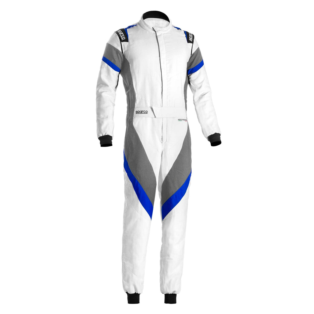 Men's racing suit in white with grey panels and blue side stripes