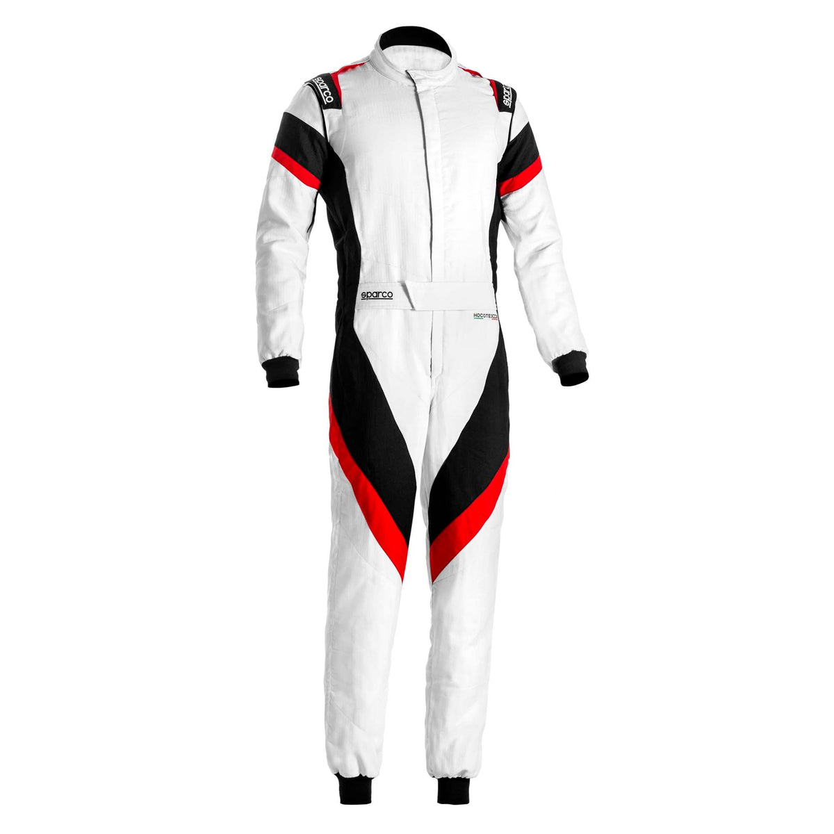 Men's racing suit in white with black center panels and red side stripes