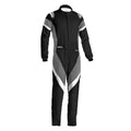 Black and white racing suit with contrast diagonal panels, full-zip collar