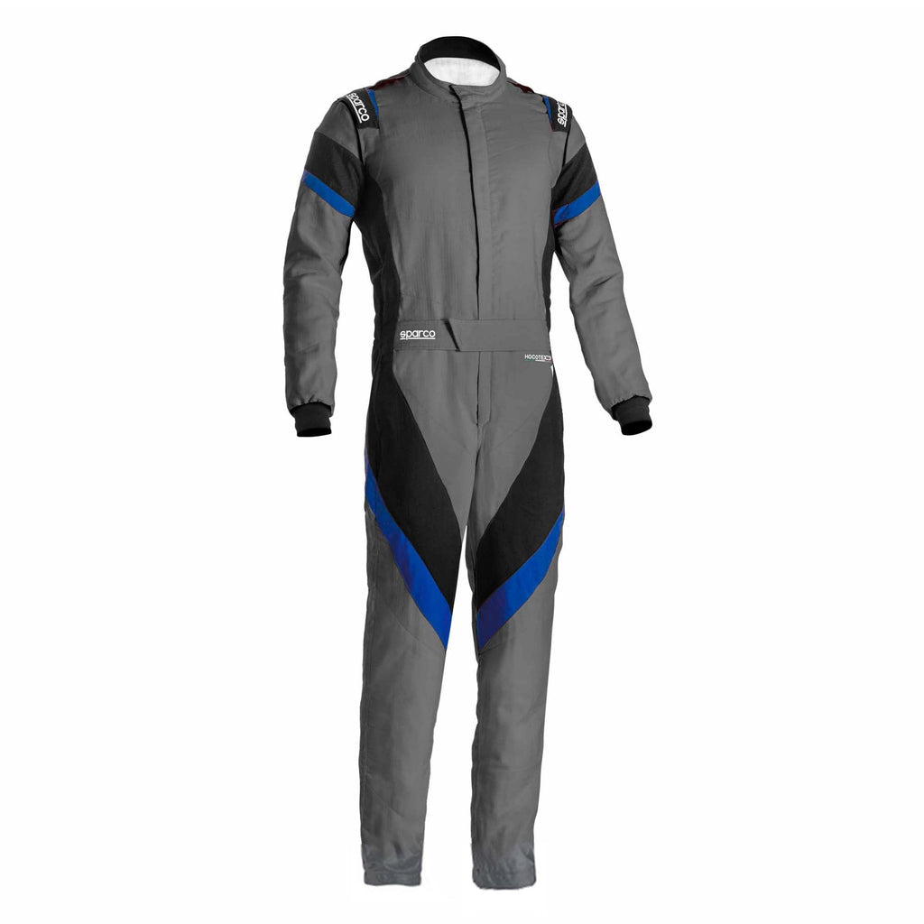 Grey racing suit with blue side stripes and diagonal chest panel, full-zip collar
