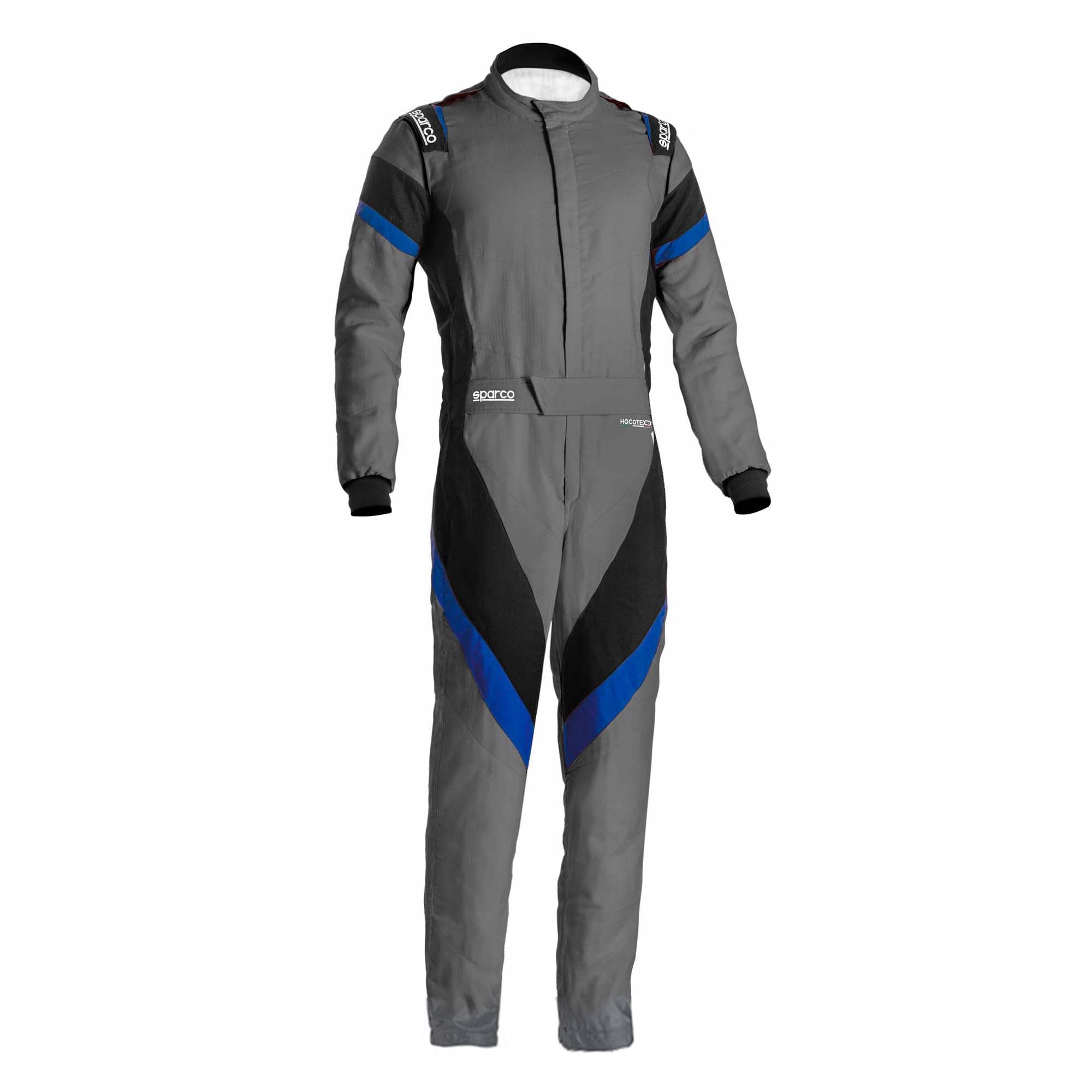 Grey racing suit with blue side stripes and diagonal chest panel, full-zip collar