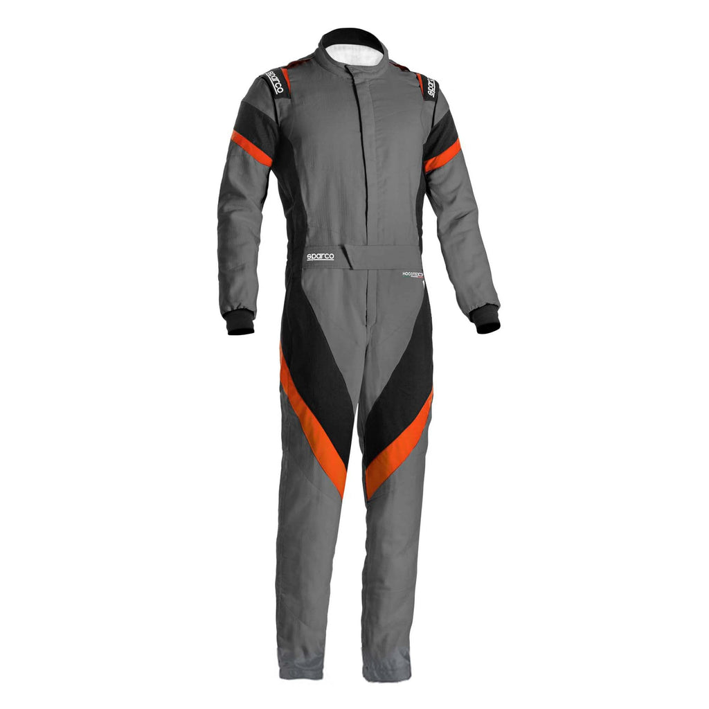 Grey racing suit with orange side stripes and diagonal chest panel, full-zip collar