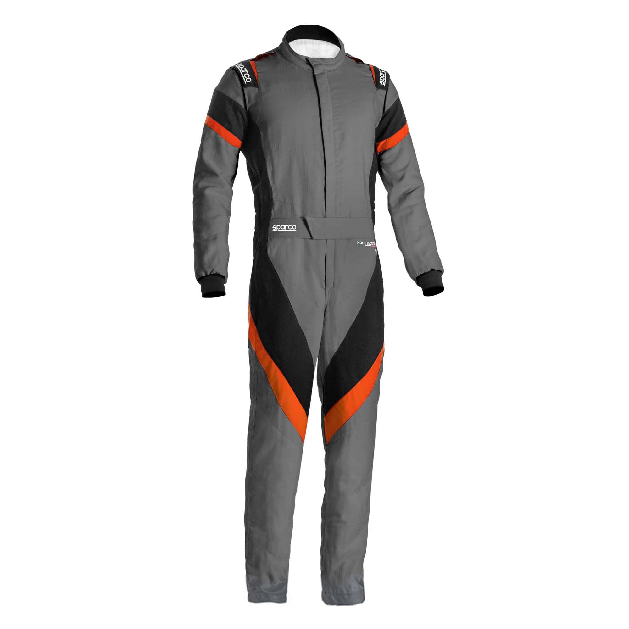 Grey racing suit with orange side stripes and diagonal chest panel, full-zip collar