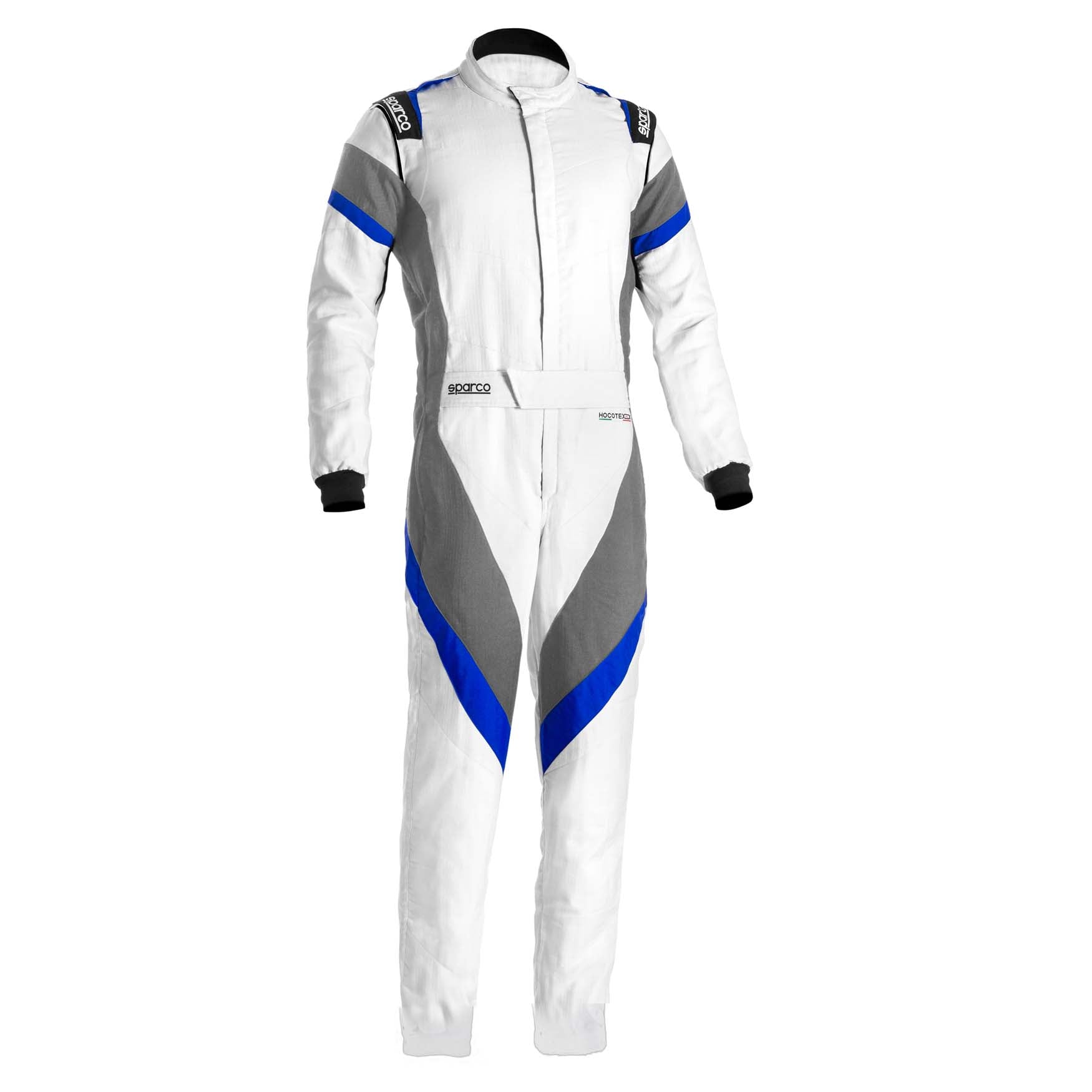 White racing suit with blue side stripes and grey diagonal panels, full-zip collar