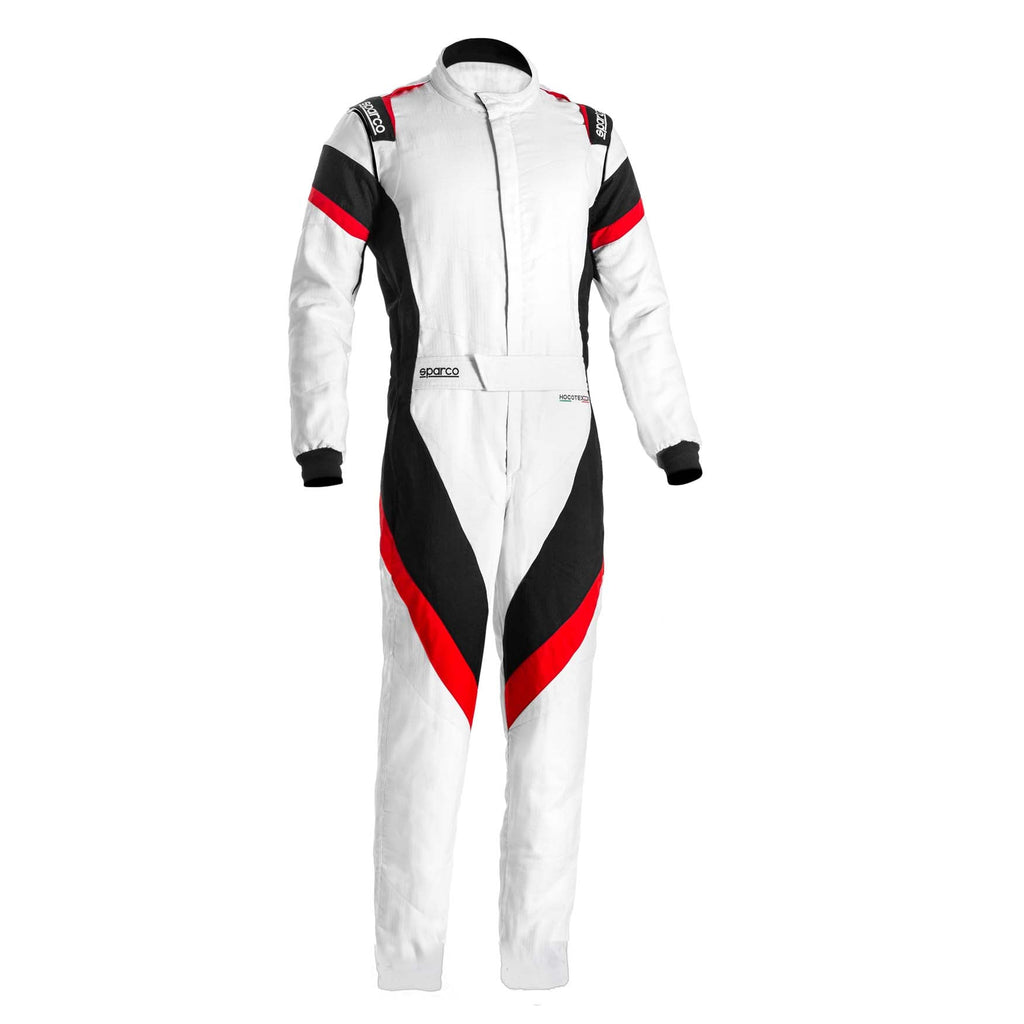 White racing suit with red side stripes and grey diagonal panels, full-zip collar