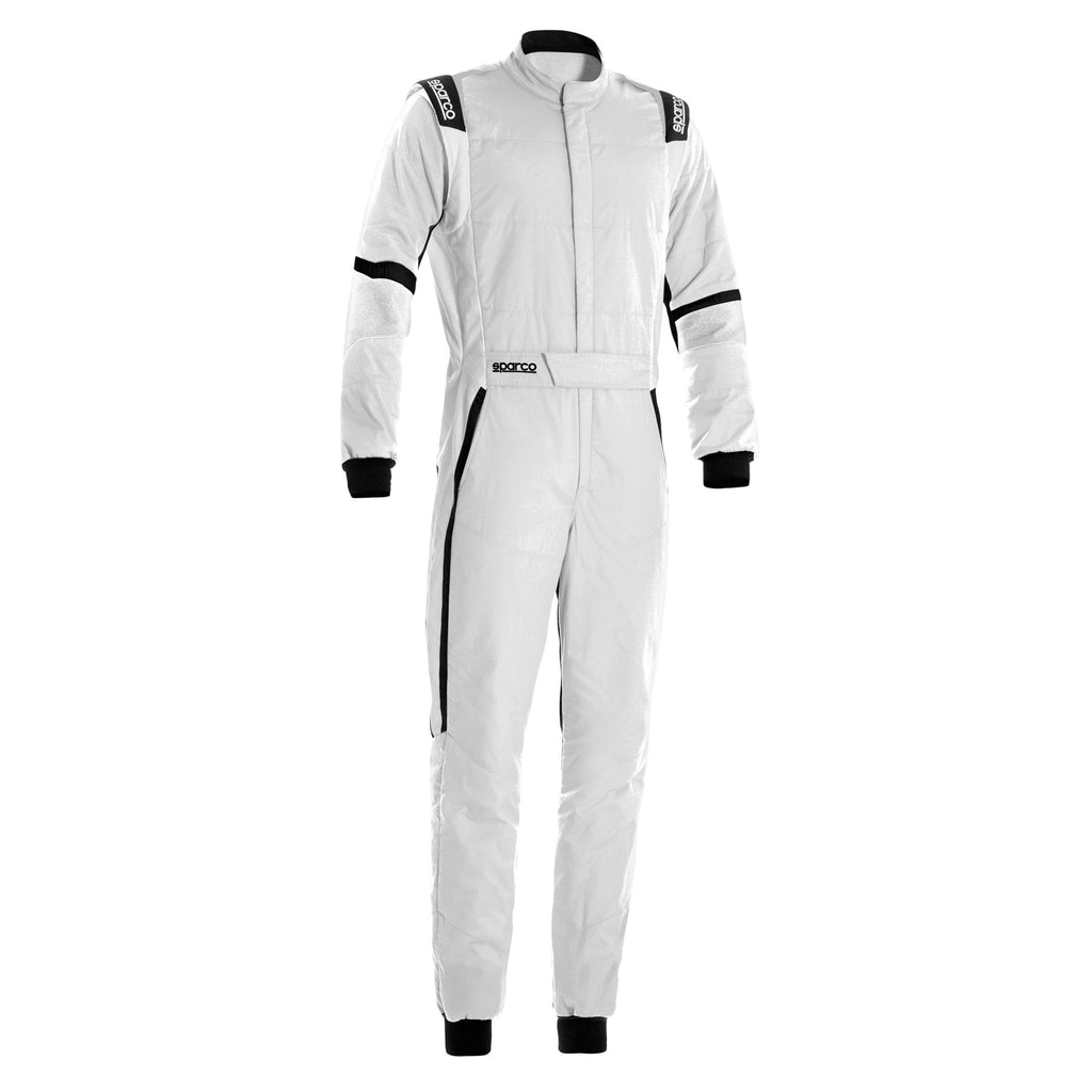 White racing suit with black trim and side panels, zip-front one-piece with rib cuffs