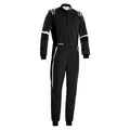 Black racing suit with white side panels, zip-front one-piece with rib cuffs