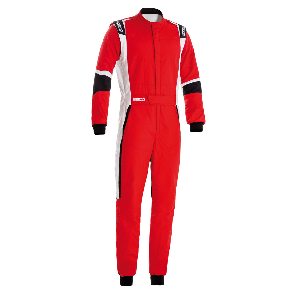 Red racing suit with white side panels and black accents, zip-front one-piece with cuffs
