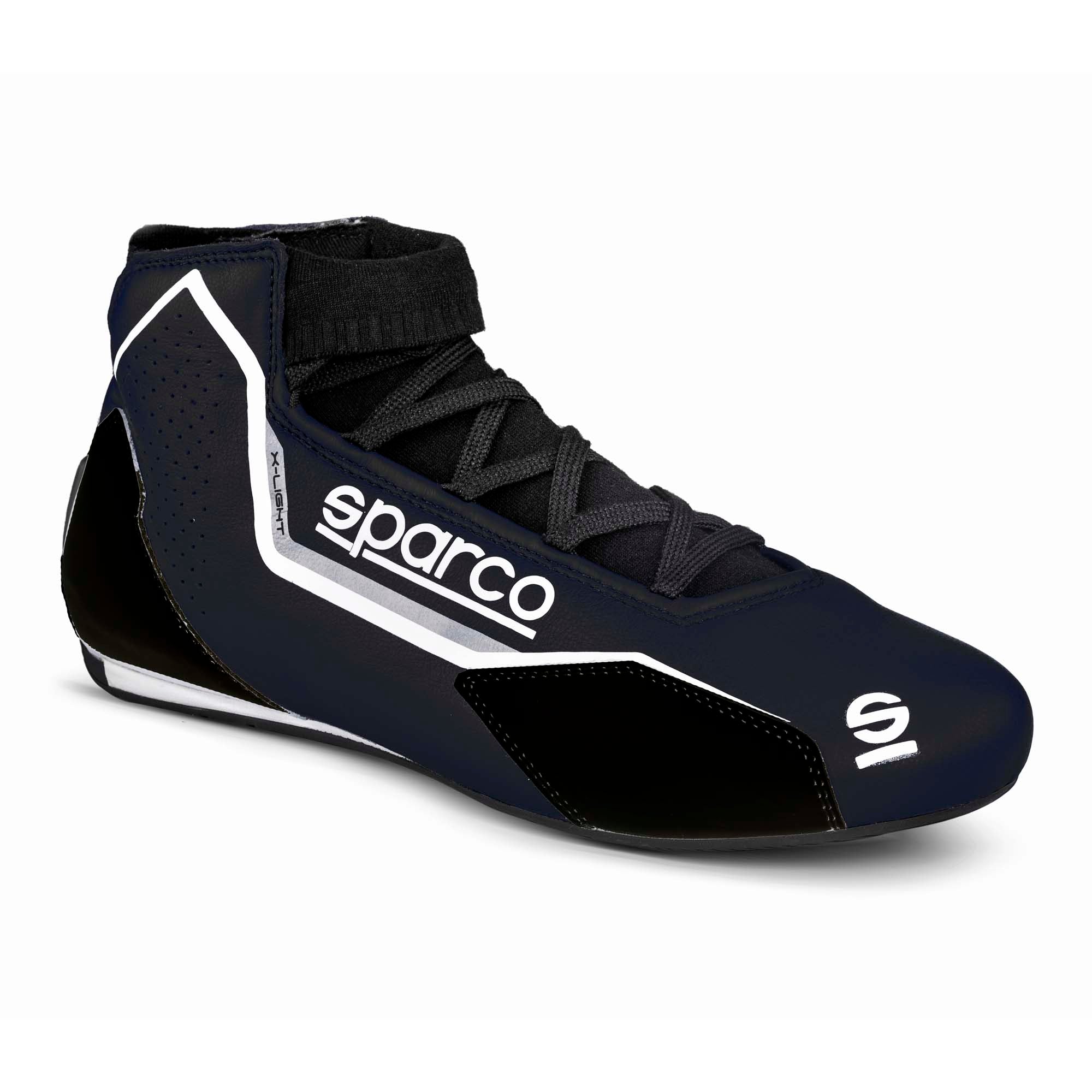 Dark navy and black race boot with sparco logo, lace-up