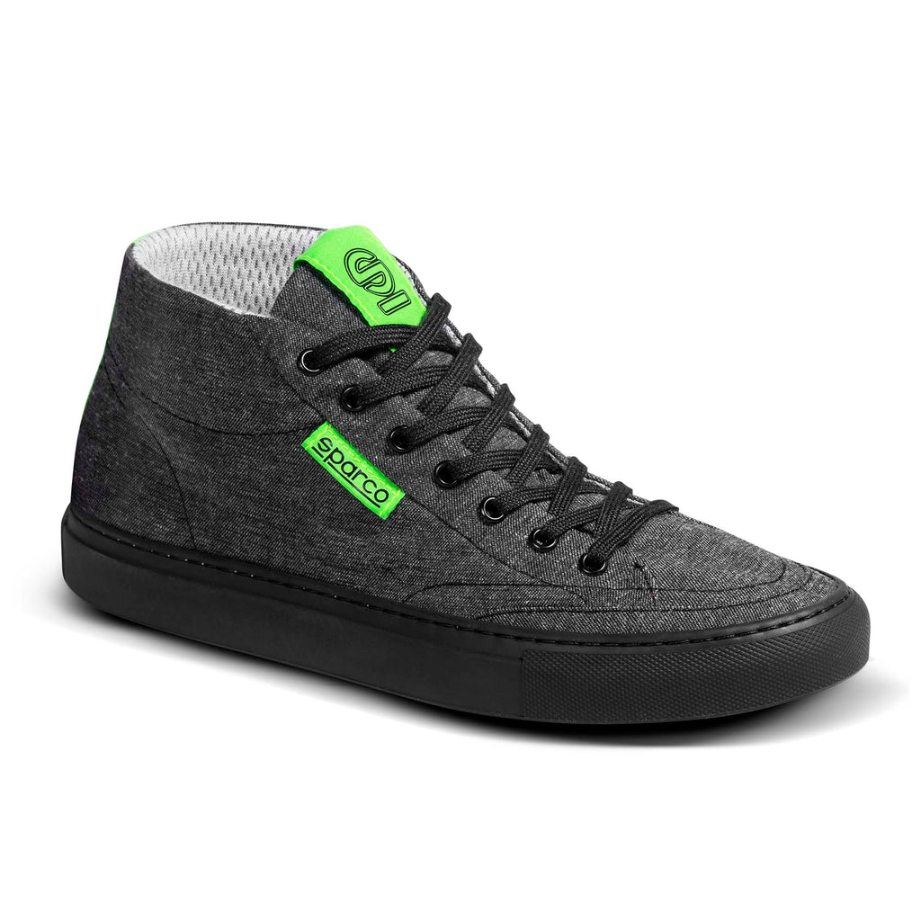 Gray fabric high-top racing shoes with neon green Sparco accents