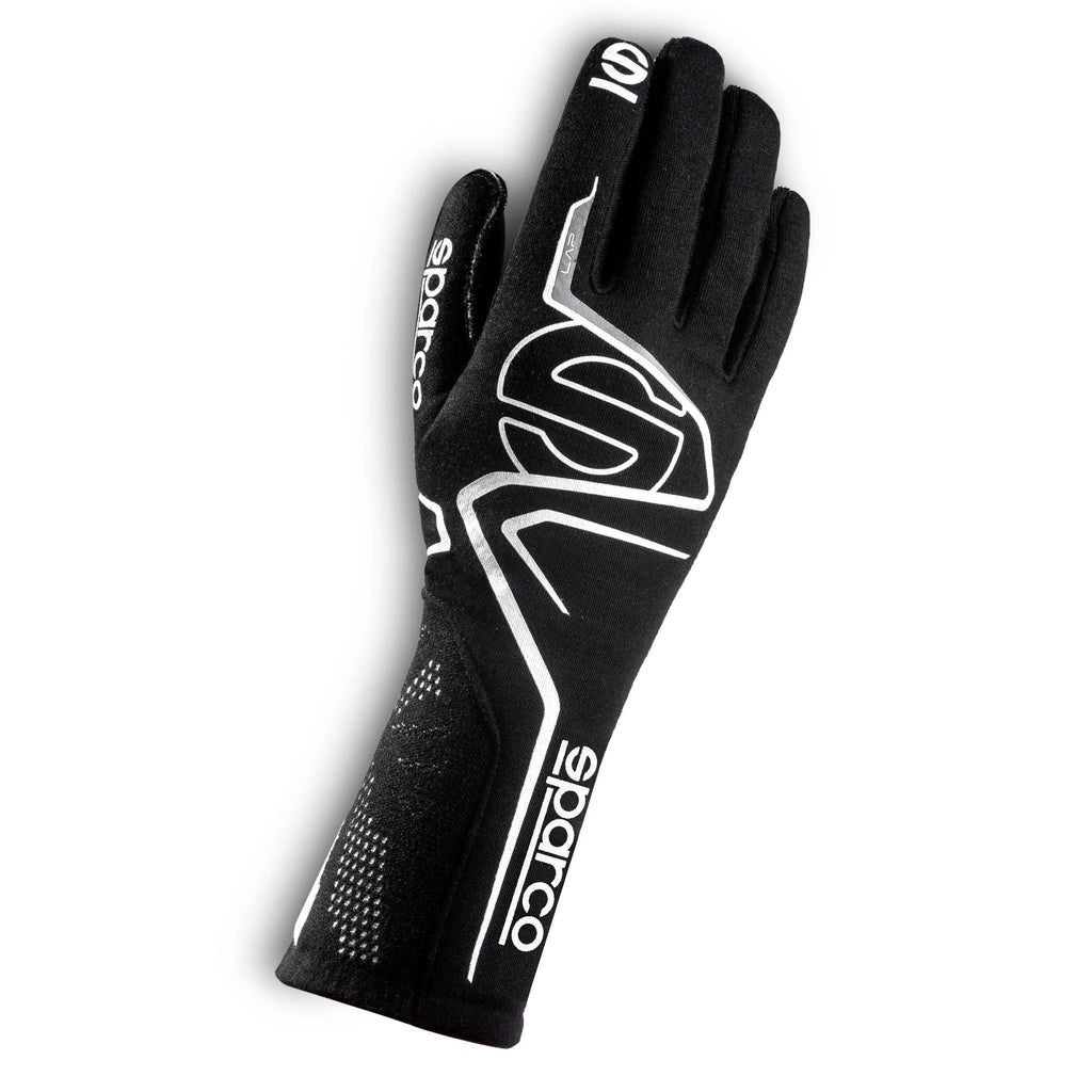 Pair of black Sparco racing gloves with white logo graphics and textured grip panels