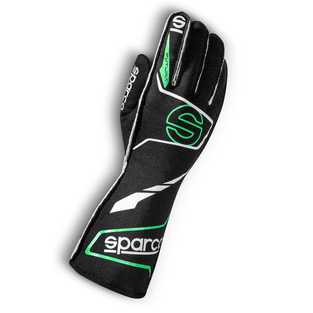 Black racing gloves with neon green Sparco logos