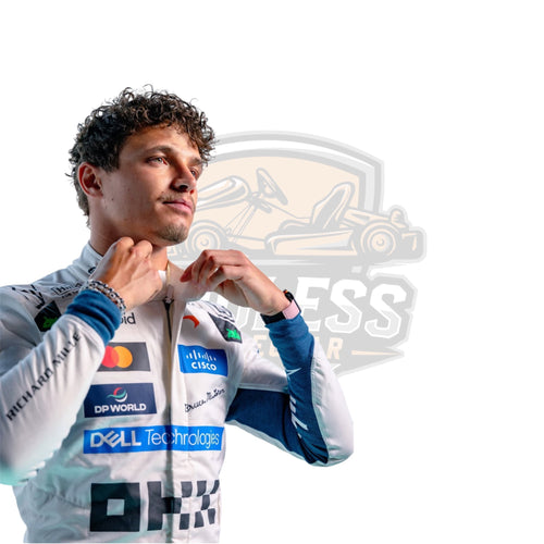 White and light-blue racing suit, chest and arm area with colorful sponsor patches