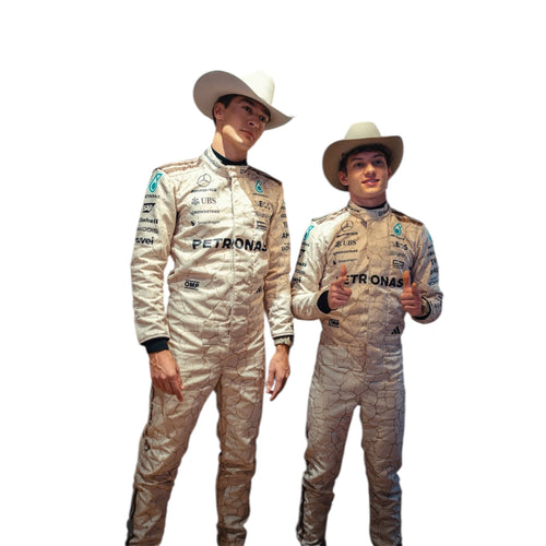Cream racing suit with black cuffs and PETRONAS logos, full-body zipper front