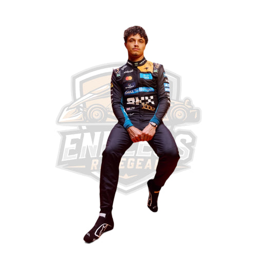 Replica F1 race suit, black with blue sponsor graphics and long sleeves