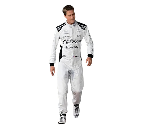 White racing suit with black sleeve panels and sponsor patches
