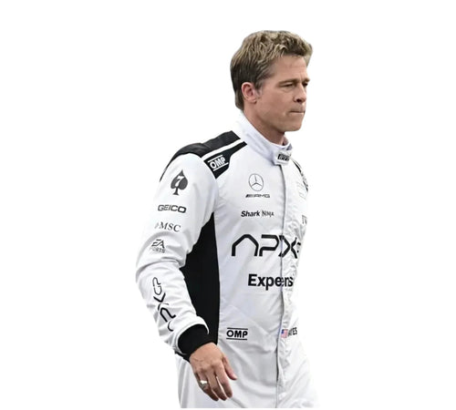 White racing suit side view with black shoulder stripe and sponsor logos