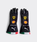 Black racing gloves with Ferrari shield, Richard Mille text, Puma logo, multicolor cuff