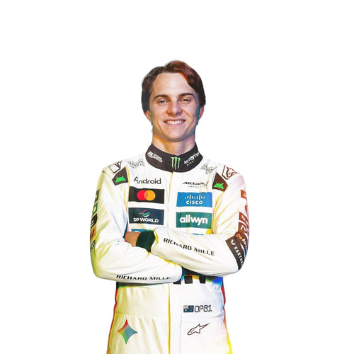 Racing suit with white fabric, black collar, and multicolor sponsor graphics, long sleeves