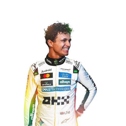 Race driver racing suit with black collar, white base, yellow and green chest accents