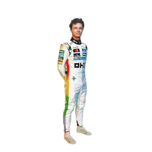 Racing suit in white with green and yellow accents, side view full body