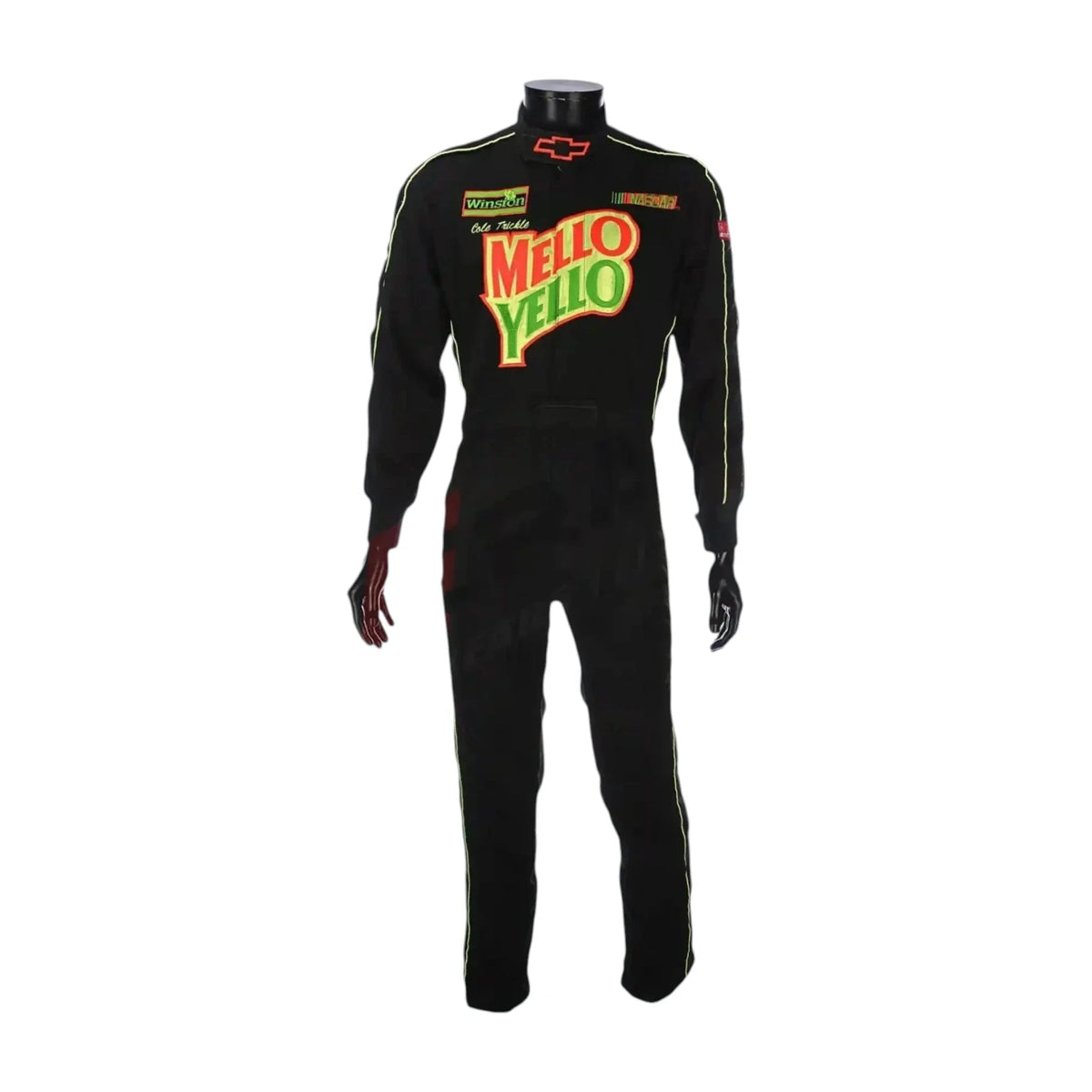 Front of black Mellow Yellow racing suit with yellow piping and printed sponsor logos