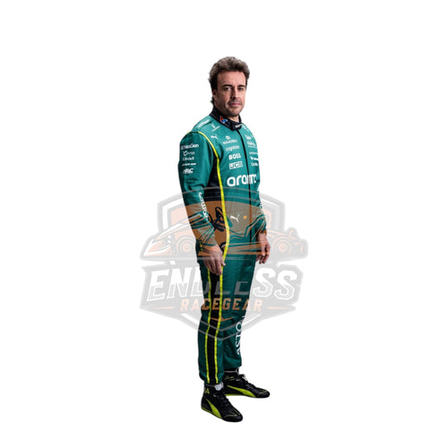 Teal green race suit with aramco logo, yellow panel stripes and long sleeves