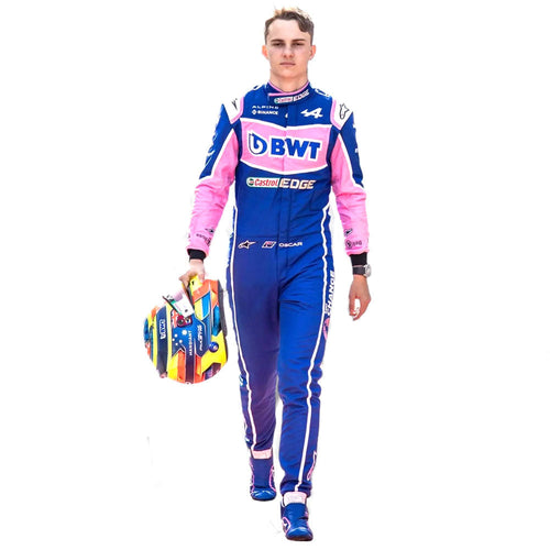 Blue and pink racing suit with front zipper and sponsor patches