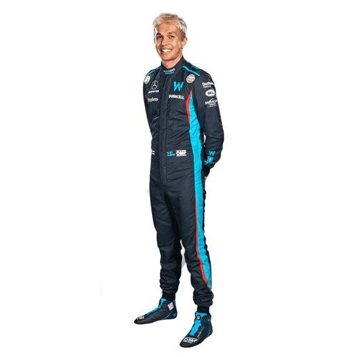 F1 race suit with turquoise side stripe and sponsor logos, full-body standing pose