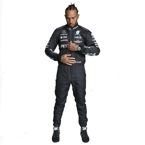 Black replica race suit with long sleeves and racing logos on chest and arms.
