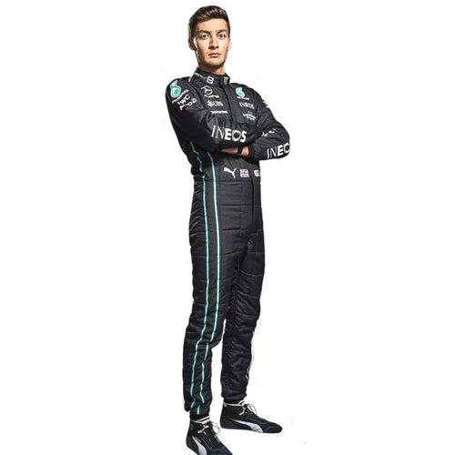 Black F1 race suit with high neck, long sleeves, and sponsor logos.