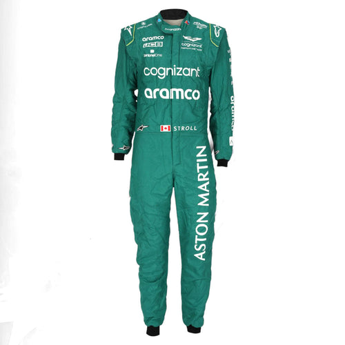 Green racing one-piece suit with full-length sleeves and Aston Martin branding