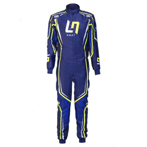 Navy kart race suit with neon yellow stripes, L1 logo on chest and hooded collar