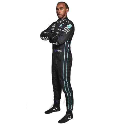 Black F1 race suit with teal side stripes and sponsor logos, full-body long sleeves