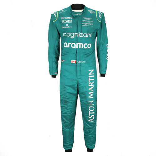 Teal Aston Martin team racing suit, full-body view with sponsor logos on front