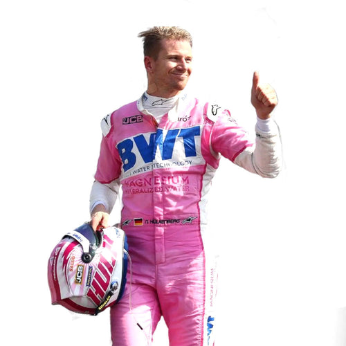 Pink and white F1 race suit with blue chest panel and sponsor graphics