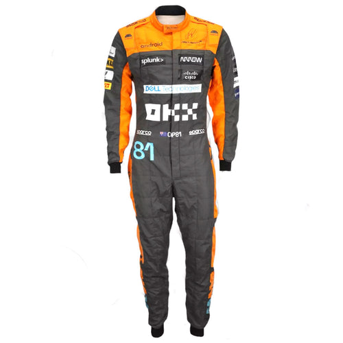 Orange and dark gray racing coverall with number 81 and sponsor logos