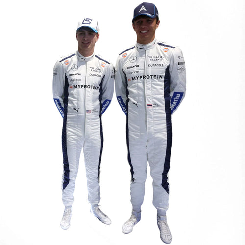 White and navy race suit with zipper front and embroidered team logos