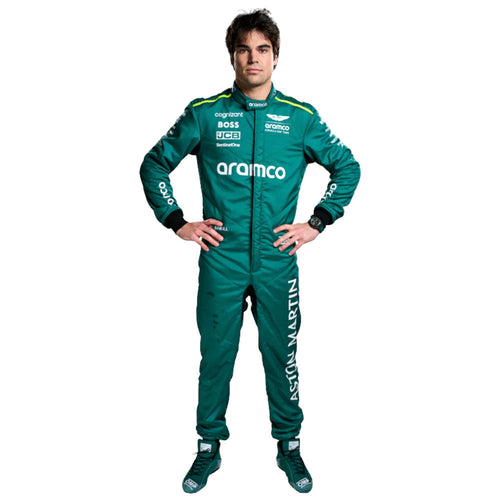 Teal F1 race suit with green accents, full zip, aramco and sponsor logos