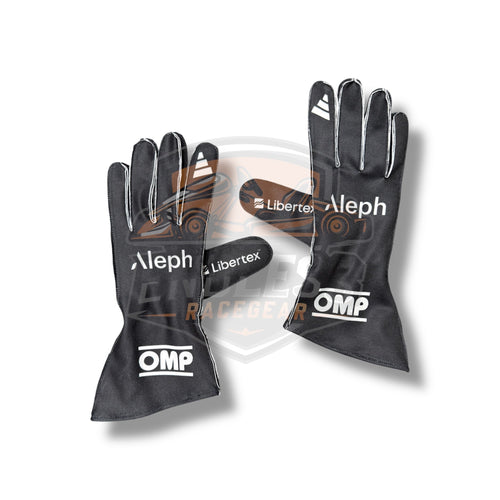 Black racing gloves with Aleph, Libertex, and OMP logos on the back and palm.