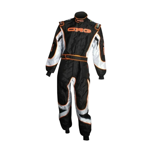 Go-kart race suit replica, black with orange trim and white sleeve panels, front view