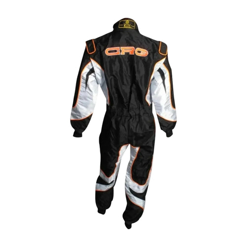 Go-kart race suit replica, black with orange trim and white side panels, back view