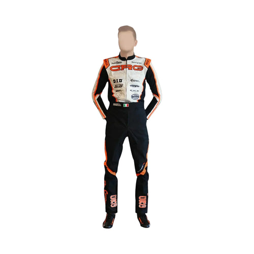 Go-kart race suit replica with black base, orange side panels, and full-length sleeves