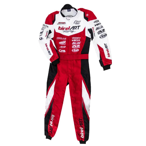 Red, white, and black go-kart race suit with full sleeves and zipper front