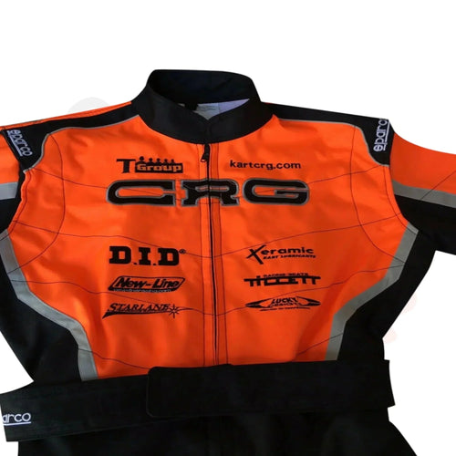Orange race suit front with black collar, CRG logo, and D.I.D text