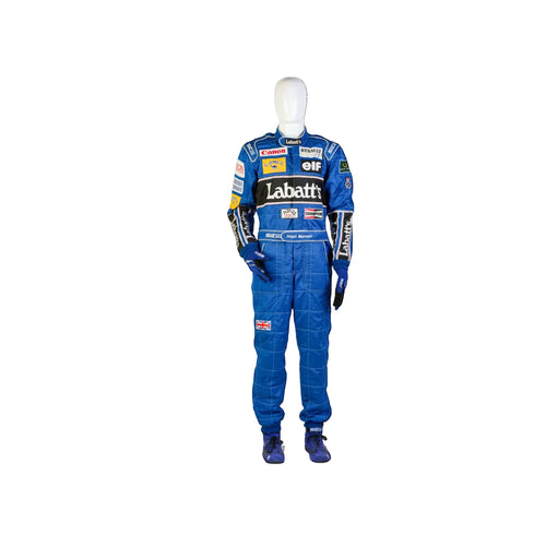 Blue racing coverall suit with front patches and embroidered sponsor logos