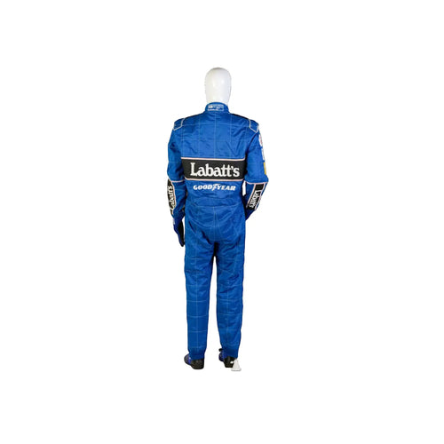Blue racing coverall with large back print and stitched sponsor patches