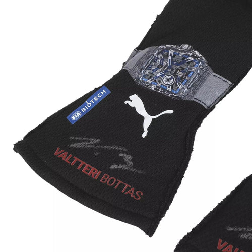 Black racing glove with blue-and-silver wrist watch graphic and red lettering